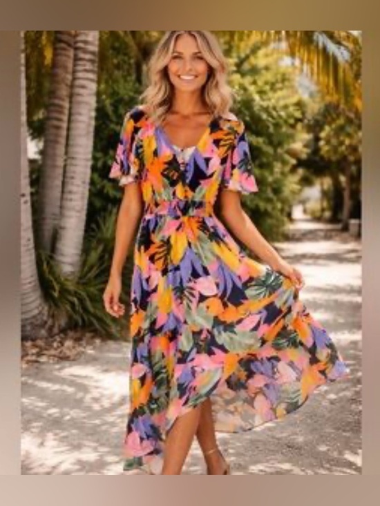 Abel The Label Dresses & Skirts - Abel The Label Tropical Floral Dress Smocked Waist Button Front Midi Dress L